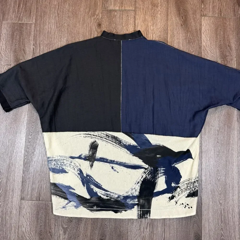 Ozai N Ku Black Blue Brush Stroke Top Shirt Boxy Oversized Art to Wear sz 1 - Picture 11 of 13